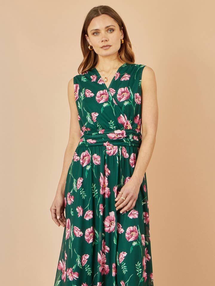 Yumi Green Floral Print Mesh Stretch Midi Dress With Pockets for wholesale on Faire0