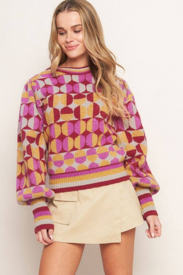 A jacquard knit sweater - ISW5266 IVORY BURGUNDY for wholesale on Faire2