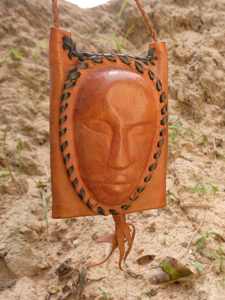 LEATHER POUCH PURSE | MASK FACE | SABLE for wholesale by BATIK BOUTIK