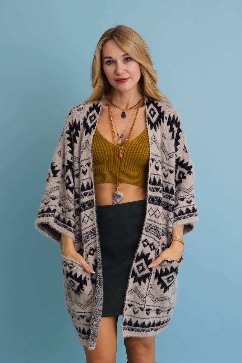 Leto Accessories - Wholesale Cardigan β Womenβs - Aztec Soft Knit cardigan with Tribal Print - Western Vibe π΅