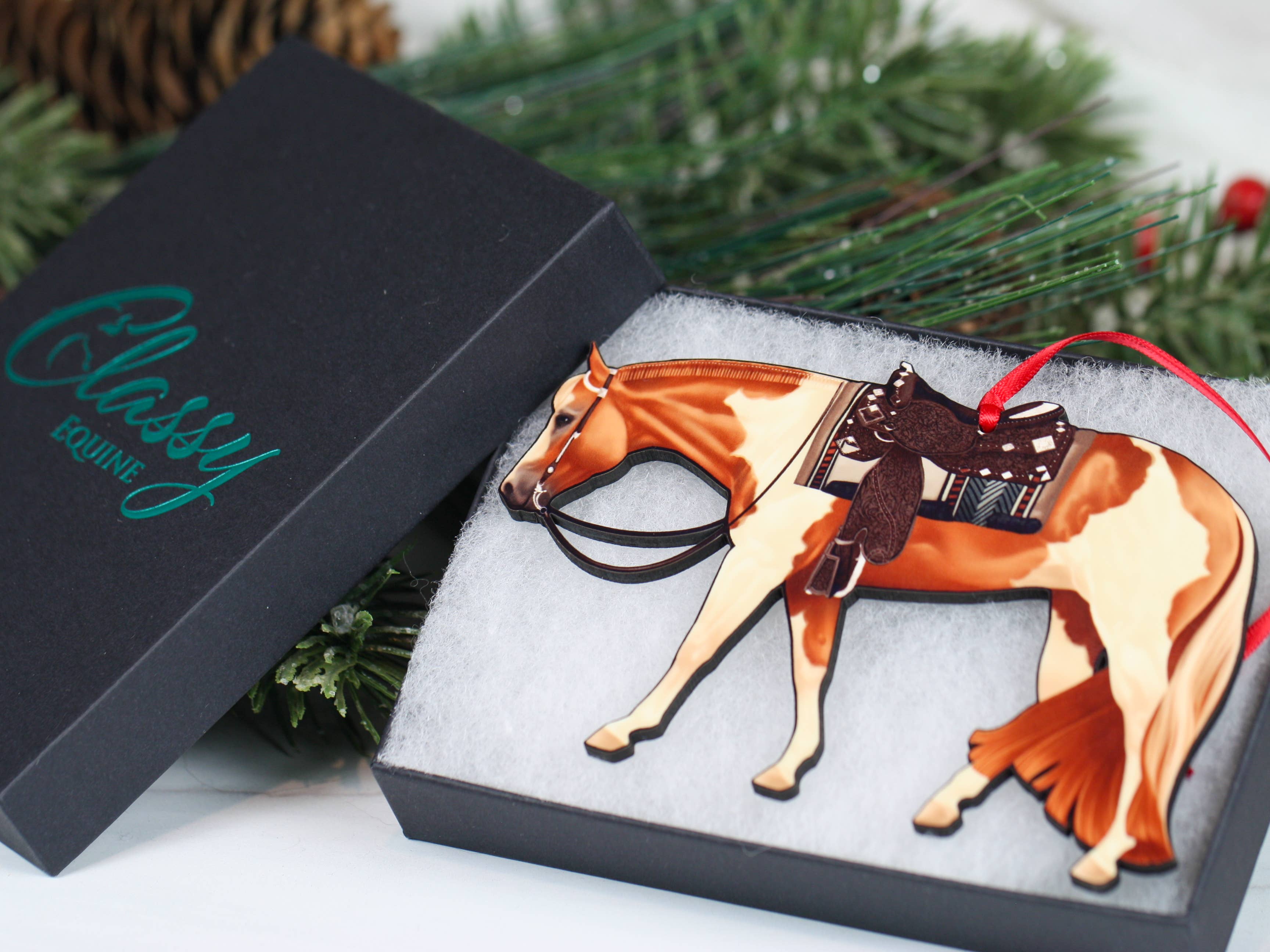 Classy Equine - Wholesale Ornament - Chestnut Tobiano Western Pleasure Horse Ornament Paint Horse5