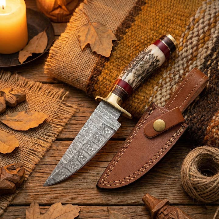 Coltello damascato da 8' con fodero in pelle, manico in corno per la vendita all'ingrosso da parte di FH KNIVES