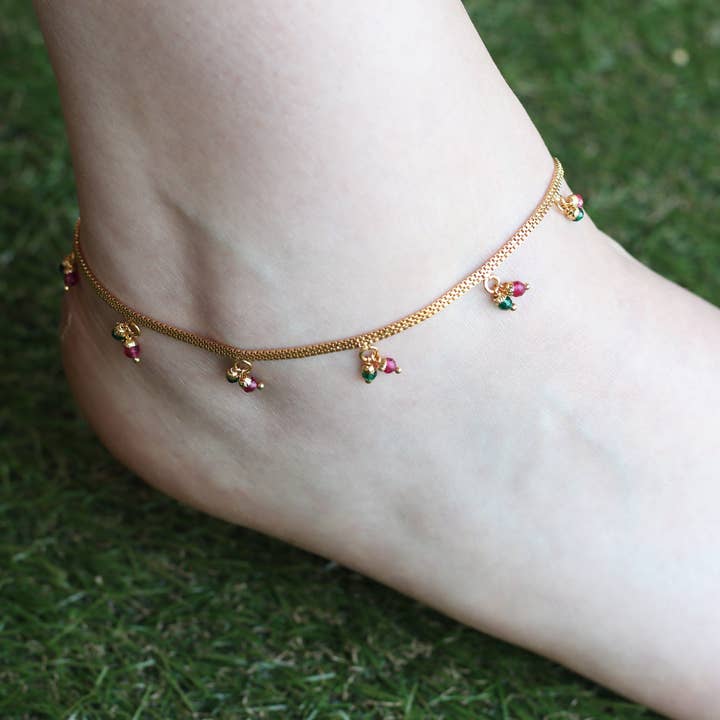 Golden Brass Rounds Red Green Beads Indian Payal Anklet for wholesale by The Colourful Aura