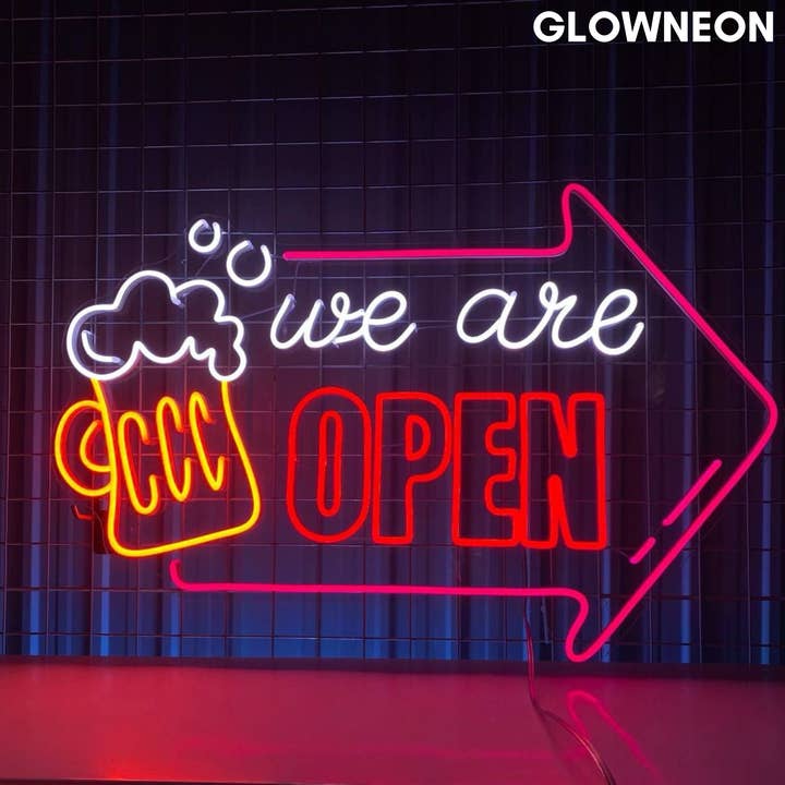 Glow Neon – Großhandel Neonschilder – Neonschild mit Aufschrift „We Are Open“, LED-Schild mit Bierclub-Motiv1