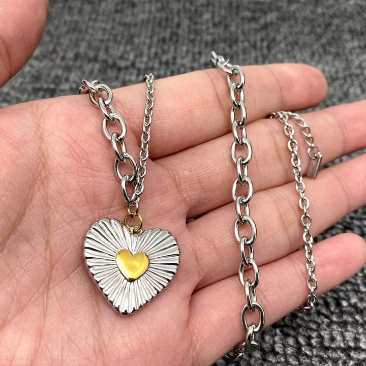 18K Gold Plated S.Steel Two Tone Heart Charm Necklace - FGS for wholesale by Mio Queena