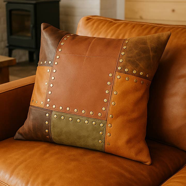MLC - Wholesale Chair Cushion - Rustic Studded Leather Cushion Cover – Tan & Olive Patchwork Accent0