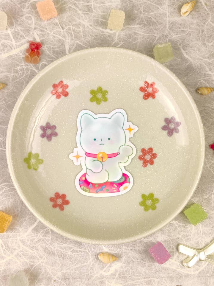 Holographic Glossy Die-Cut Smiski Fortune Cat Sticker for wholesale by Hokeii Pokeii