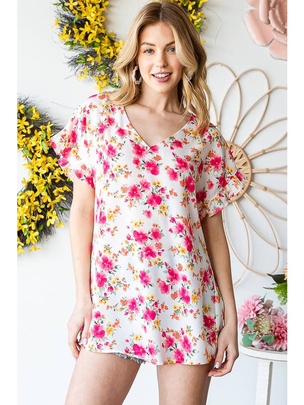 HEIMISH - Vente Chemisier – femme - ET7311-11 HAUT À MANCHES AVEC ENCOLURE EN V VOLANTÉE ET IMPRIMÉ FLORAL5