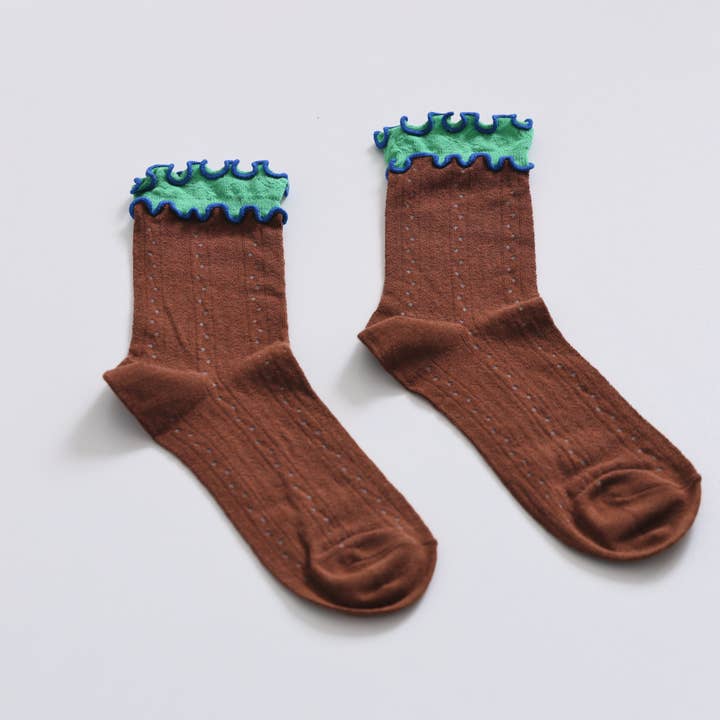 Happy Knits - Wholesale Socks - Women's - Women's Ruffle Trim Cotton Socks - Lightweight & Colorblock