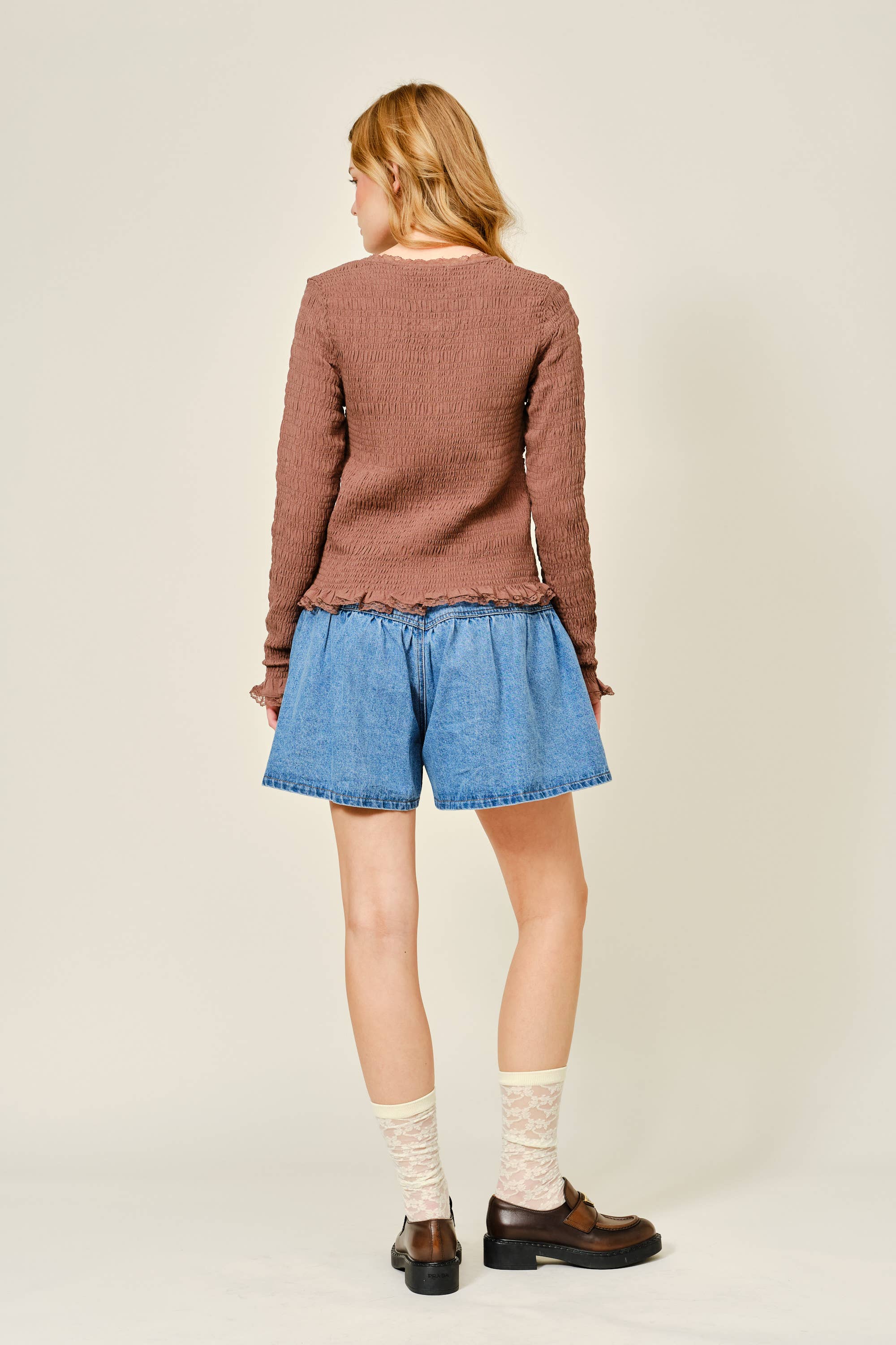 Aaron & Amber - Wholesale Knit Top - Women's - AJT5485 FULL SMOCKED BUTTON DOWN TOP WITH LACE EDGE12