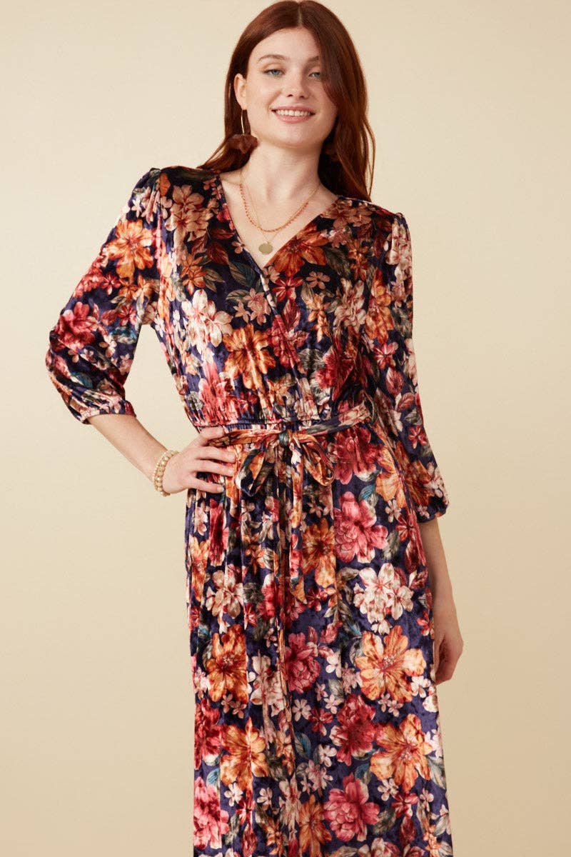 Navy Robe en velours ceinturée à surplis floraux pour femmes en vente sur Faire3