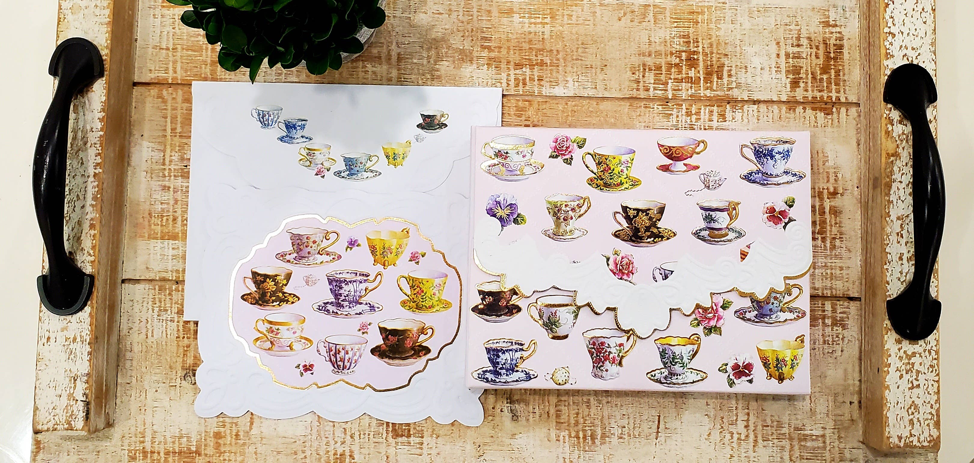 Carol Wilson Fine Arts Inc./For Arts Sake - Wholesale Stationery/Notecard Set - Tea Cups Embossed, Die-cut Boxed Note Cards NCP20492
