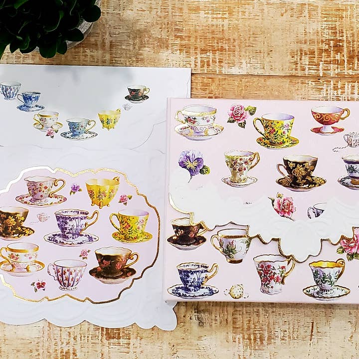 Carol Wilson Fine Arts Inc./For Arts Sake - Wholesale Stationery/Notecard Set - Tea Cups Embossed, Die-cut Boxed Note Cards NCP20492