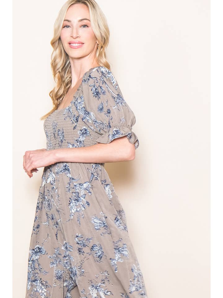 Elloh Collection - Wholesale Jumpsuit - Women's - Square Neck Puff Sleeve Wide Leg Antique Floral Jumper 12