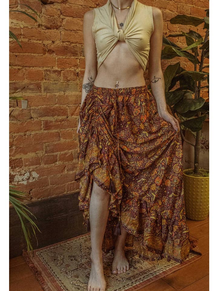 Gardenbelle Shop – Großhandel Rock – Damen – Hippie-Boho-Seidenrock, Maxirock mit Rüschen und Blumenmuster