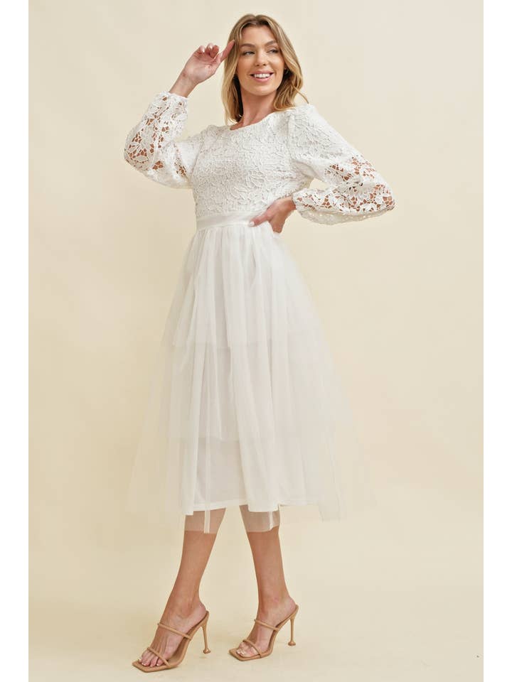 White CD15047J - LACE LONG SLEEVE TULLE MIDI DRESS for wholesale on Faire