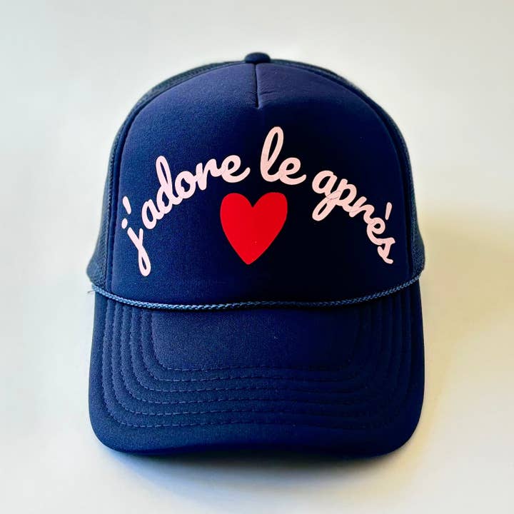 J'adore Le Après Mid Profile Trucker Hat for wholesale by The Après Allstars