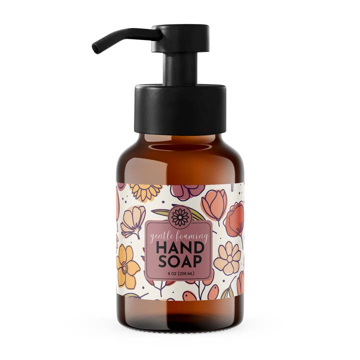 Amber Glass Foaming Dispenser, Floral for wholesale by Ambrosia Soap Company