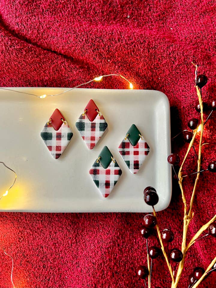 Christmas Plaid Earrings, Plaid Clay Earrings, Plaid Earring for wholesale by SeizeTheClayJewelry