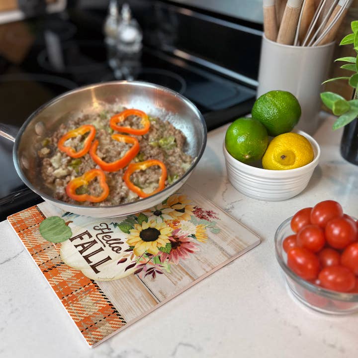 CounterArt/Highland Home/Thirstystone/CoasterStone – wholesale Trivet – "Hello Fall" Ceramic Stone Trivet 8" Square