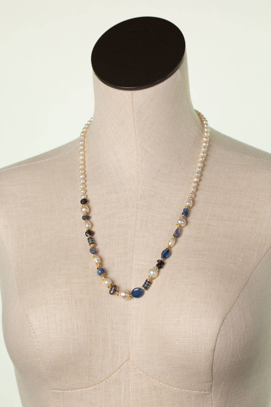 Anne Vaughan Designs Jewelry – wholesale Beaded/pearl necklace – Seaside 21.5-23.5" Freshwater Pearl, Kyanite, Iolite Collage Necklace1