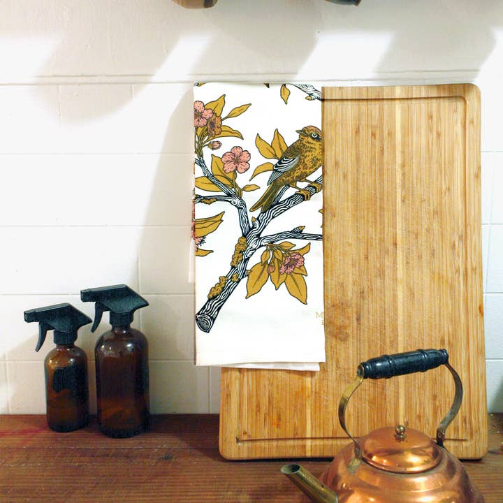 Mustard Beetle – wholesale Tea towel – Screenprinted Organic Cotton Tea Towel: Palm Warblers1