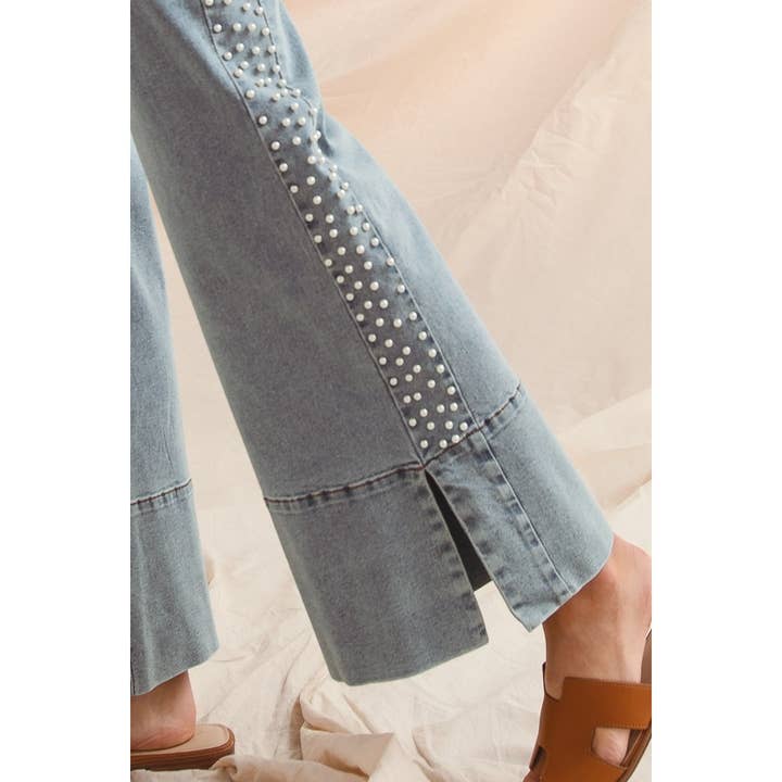 IVE - Wholesale Pants - Women's - Mid Rise Flare Bottom Denim Jeans With Side Pearl9
