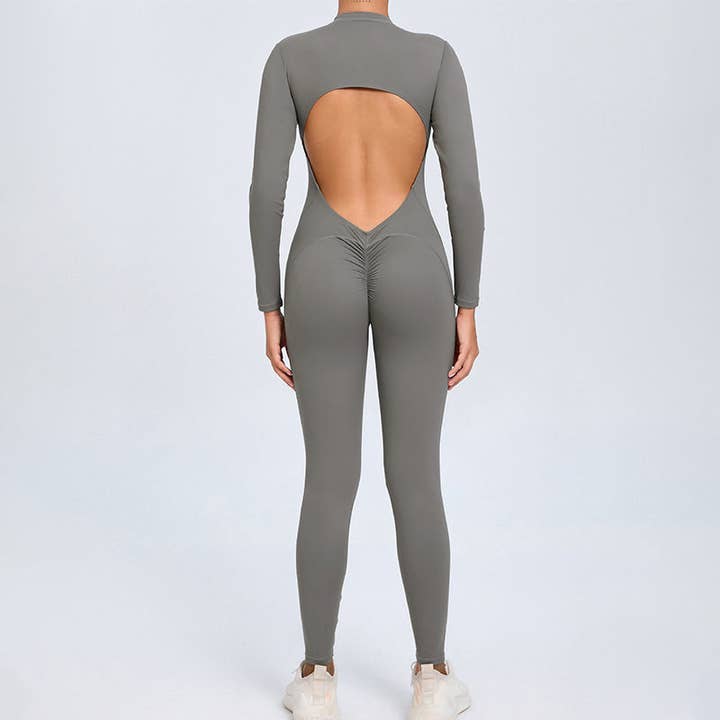WONDERXFANS - Wholesale Unitard - Women's - backless half zipper long sleeve yoga legging jumpsuit11
