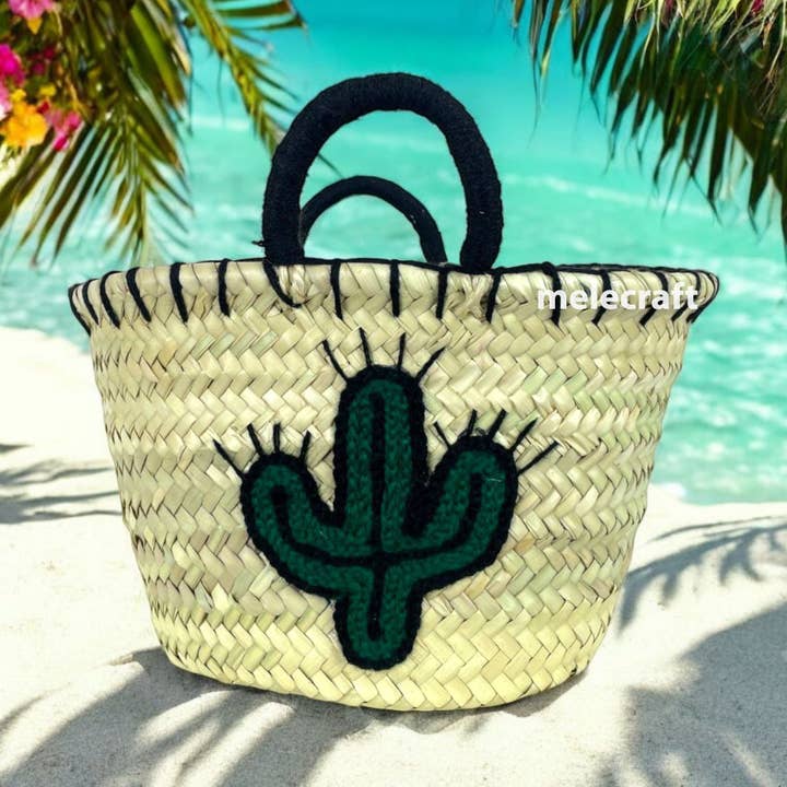 Handcrafted Straw Tote Bag with Cactus Embroidery for wholesale by Melecraft
