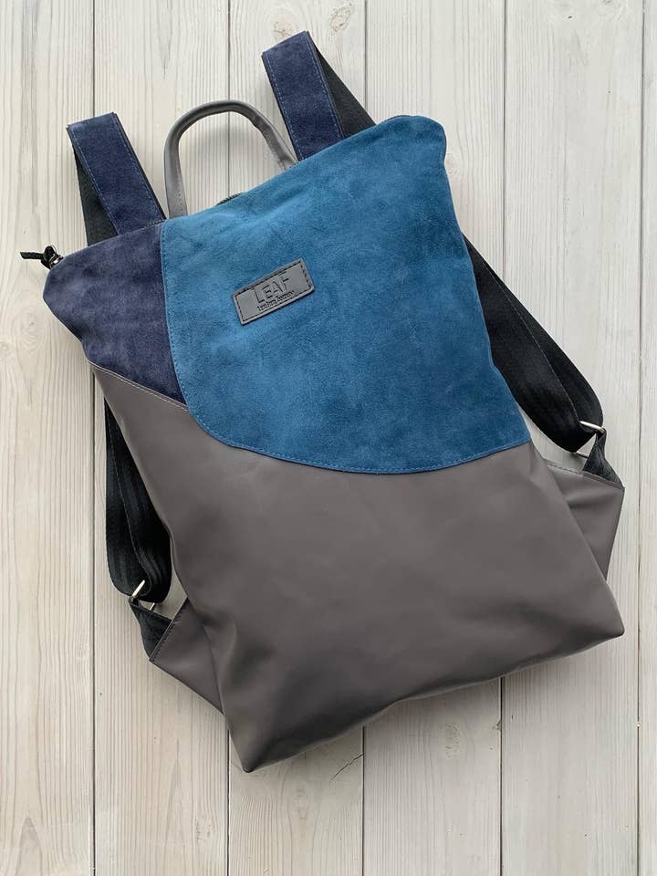 Blue Leather Backpack, Upcycled Backpack Ooak, Recycled Navy for wholesale by LeaF