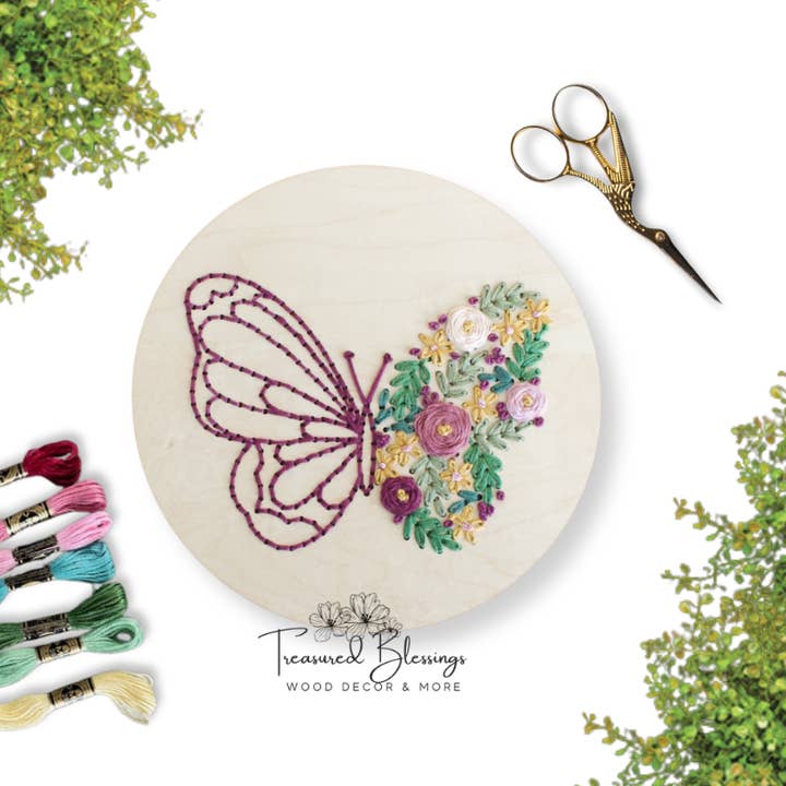 Wood Embroidery Kit - Floral Butterfly Round for wholesale by Treasured Blessings, LLC