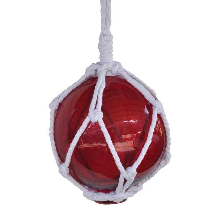 Hampton Nautical - Wholesale Tafelbladdecoratie - Rode Japanse Glazen Bal Vissen Vlotter Met Witte Netting Decoratie 6"