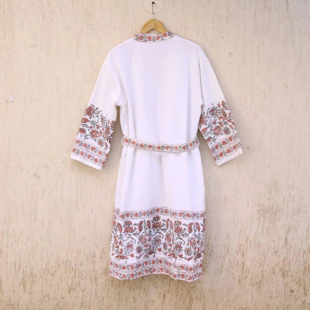 Draped In Heritage - Wholesale Robe - Women's - Red Grey Florals Hand Block Printed Cotton Waffle Bathrobe1