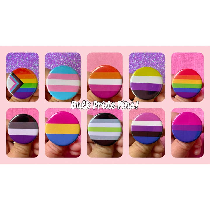 Set of 100 LGBTQ+ Pride Flag Pin Back Buttons for wholesale by Minichelle Designs