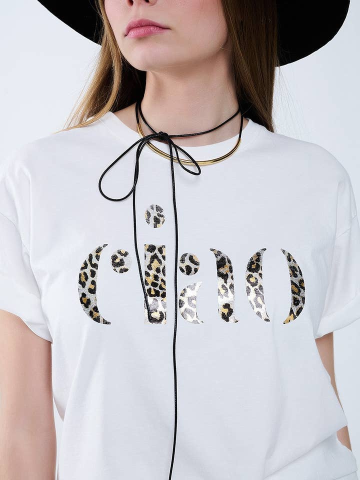 relaxed White T-shirt With Ciao in Leopard Print for wholesale on Faire