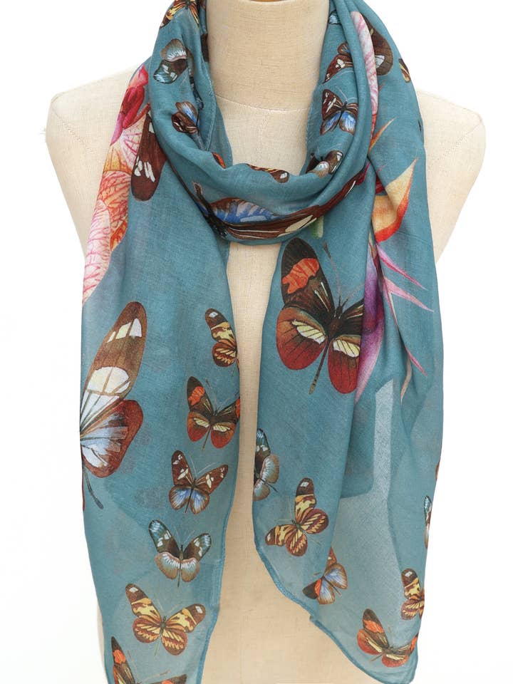 Teal-Multi Vlinder Orchidee Paradijsvogel Bloemensjaal voor wholesale door JC Sunny Fashion