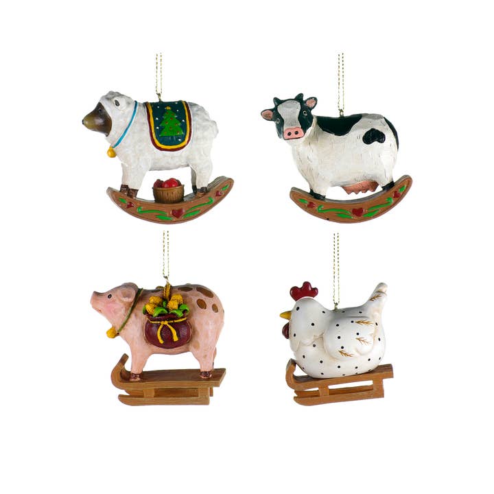 4 assorted 3" Christmas Sheep, Hen, Cow & Pig Ornament for wholesale by Christmas Tradition