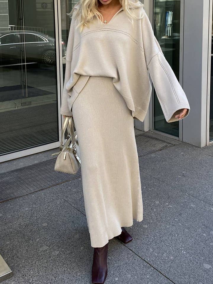 Ensemble pull en maille à col en V et jupe longue pour la vente par Fleurworld