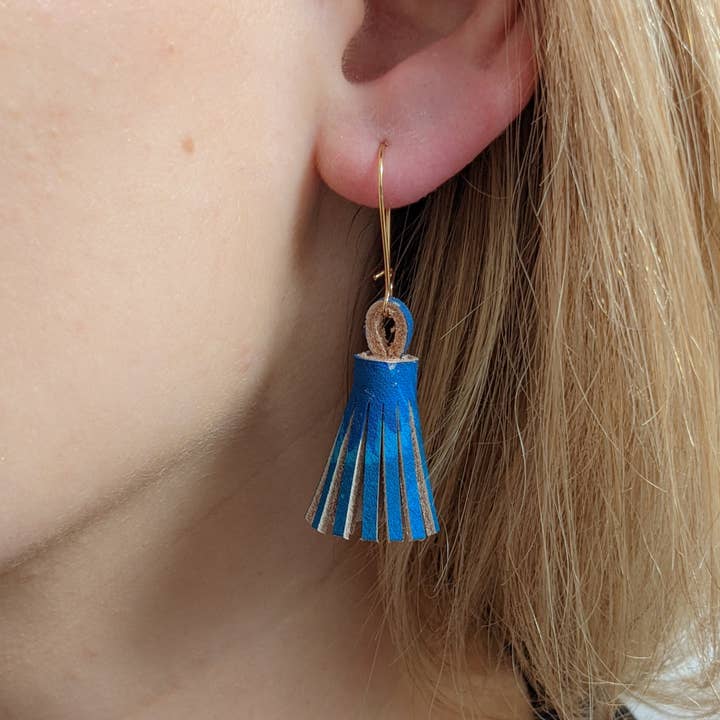 Leather Tassel Earrings - Blue Brush for wholesale by Tori Lo Designs
