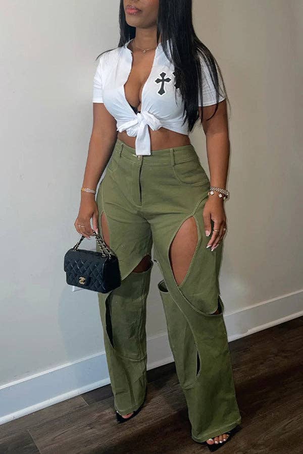 MB Fashion Wholesale - Wholesale Pants - Women's - MB FASHION STRAIGHT LEG HIGH WAIST CUTOUTS PANTS  9127LY0