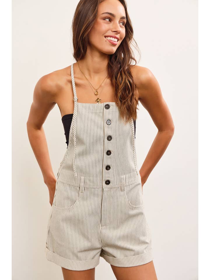 Mustard Seed - Wholesale Romper - Women's - BUTTON CLOSURE STRIPED SLEEVELESS ROMPER