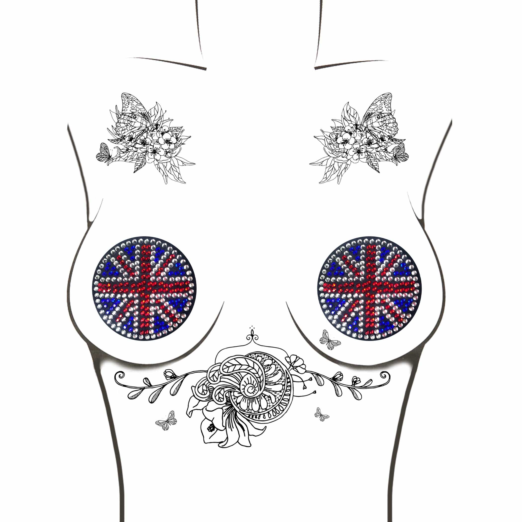 Blue Red YEAH BABY! Black Union Jack Crystal Reusable Silicone Nipple Cover Pasties for wholesale on Faire2