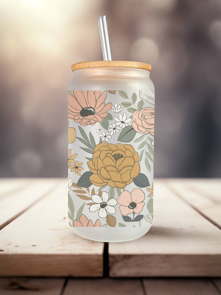 16 Oz Glass Can- Fall floral Cup Libbey Glass Gifts for Her for wholesale by The Inspiration Haven