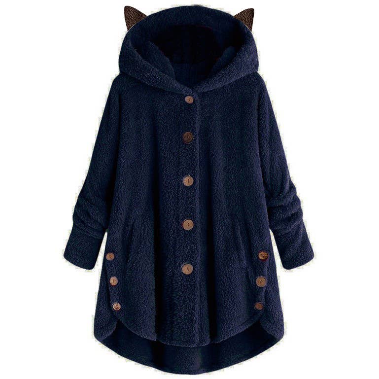 Lily Clothing - Wholesale Coat - Women's - BUTTON-UP HOODED CAT EARS PLUSH SOLID COAT1