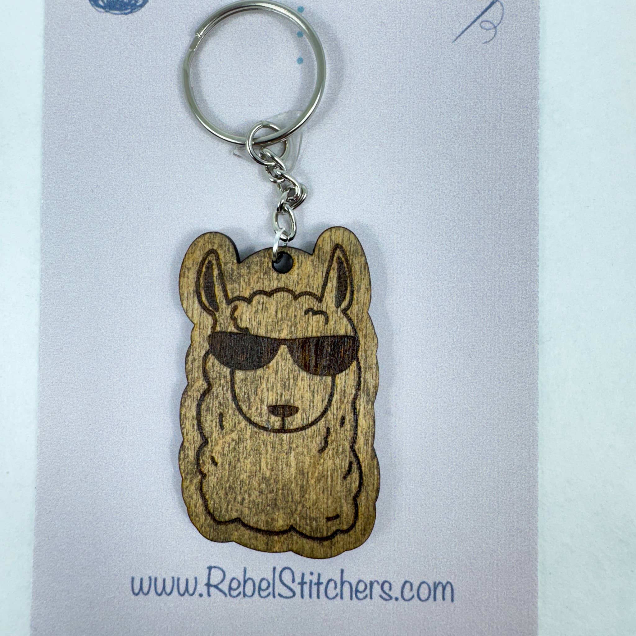Art by Erica H & Rebel Stitchers - Wholesale Keychain - Unisex - Handmade Wooden Alpaca Keychain – Engraved with Sunglasses0