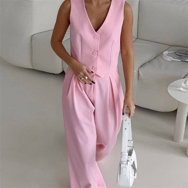 Sheer Trend - Wholesale Set met top en broek (GEEN Loungewear) - Dames - Effen Kleur Mouwloos Vest Wijde Broek Set6