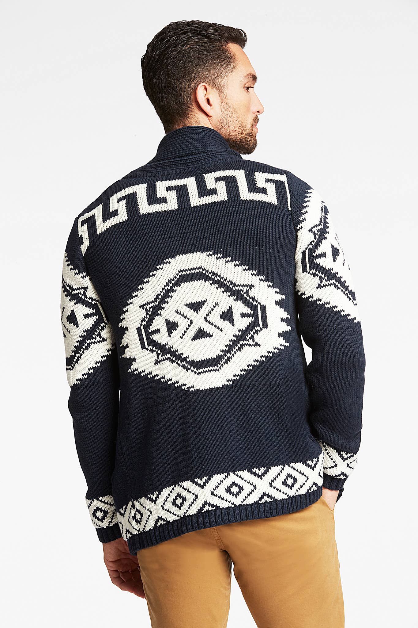 NAVY Shawl Collar Intarsia Cardigan Style: 30-827014US for wholesale on Faire3