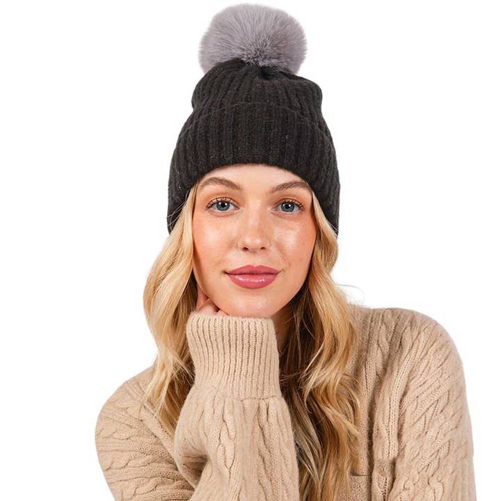 Solid Color Pom Pom Two Tone Beanie Hat for wholesale by Shopping2help