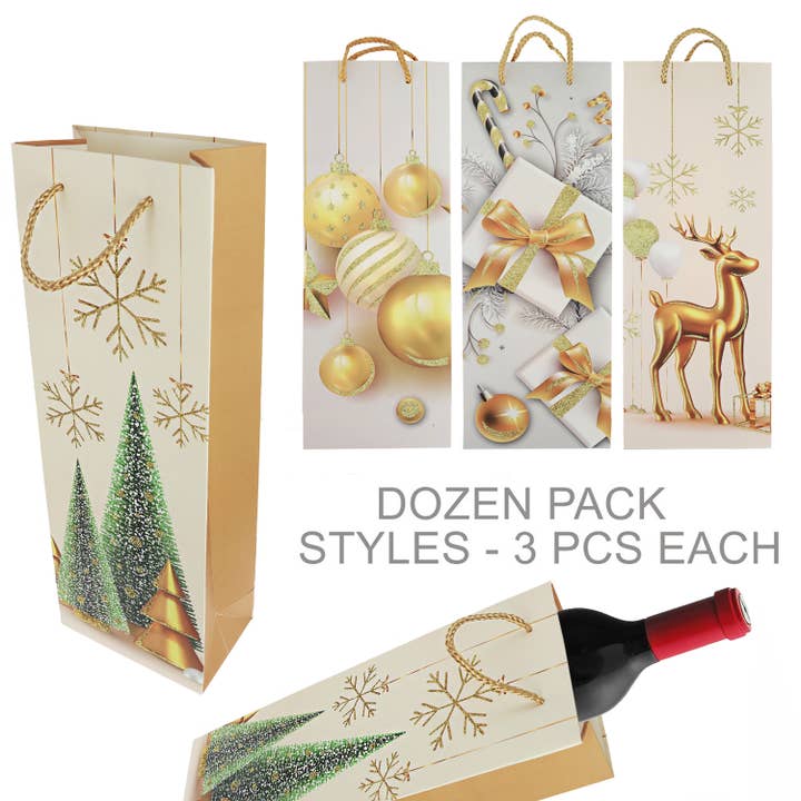 12 Pack Assorted Vintage Christmas Wine Gift Bags for wholesale by SP Sophia Collection