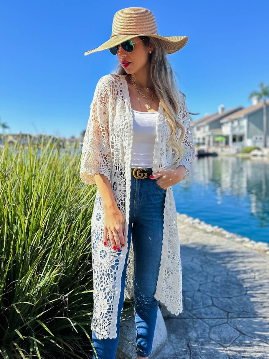 Ivory Bold Floral Printed Crochet 3/4 Sleeve Kimono Cardigan for wholesale on Faire1